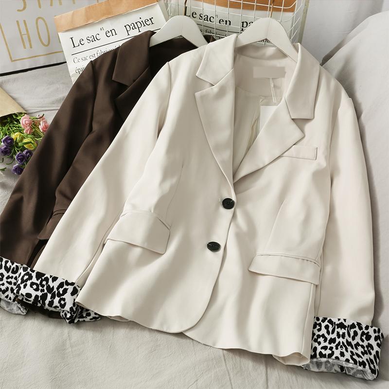 

retro leopard pattern stitching long-sleeved two-button small suit female autumn winter all-match outer jacket tide, Black