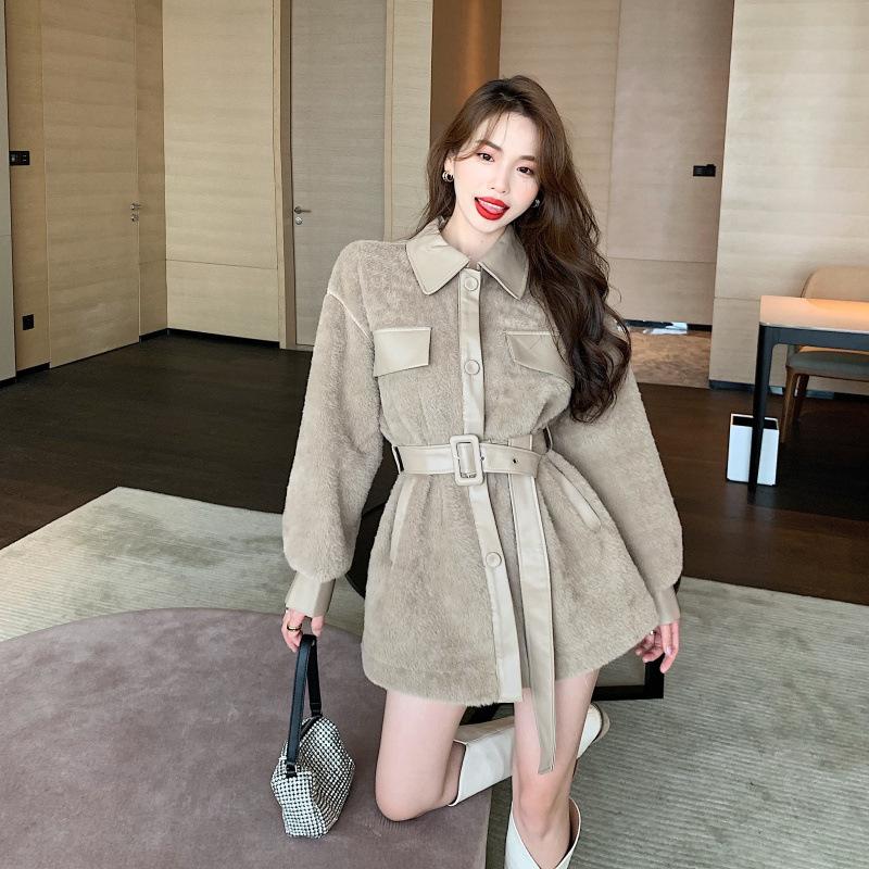 

Women Woolen Coat Autumn Winter Warm Loose Single Breasted Pockets With Belt Outerwear Tops Office Ladies Work Coat Jacket, Coffee