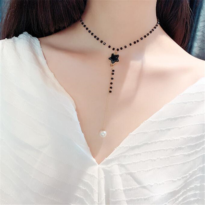 

Bijoux Black Star Pearl Pendant Necklaces Long Tassel Crystall Choker Necklaces for Women Statement Jewelry Party Gift