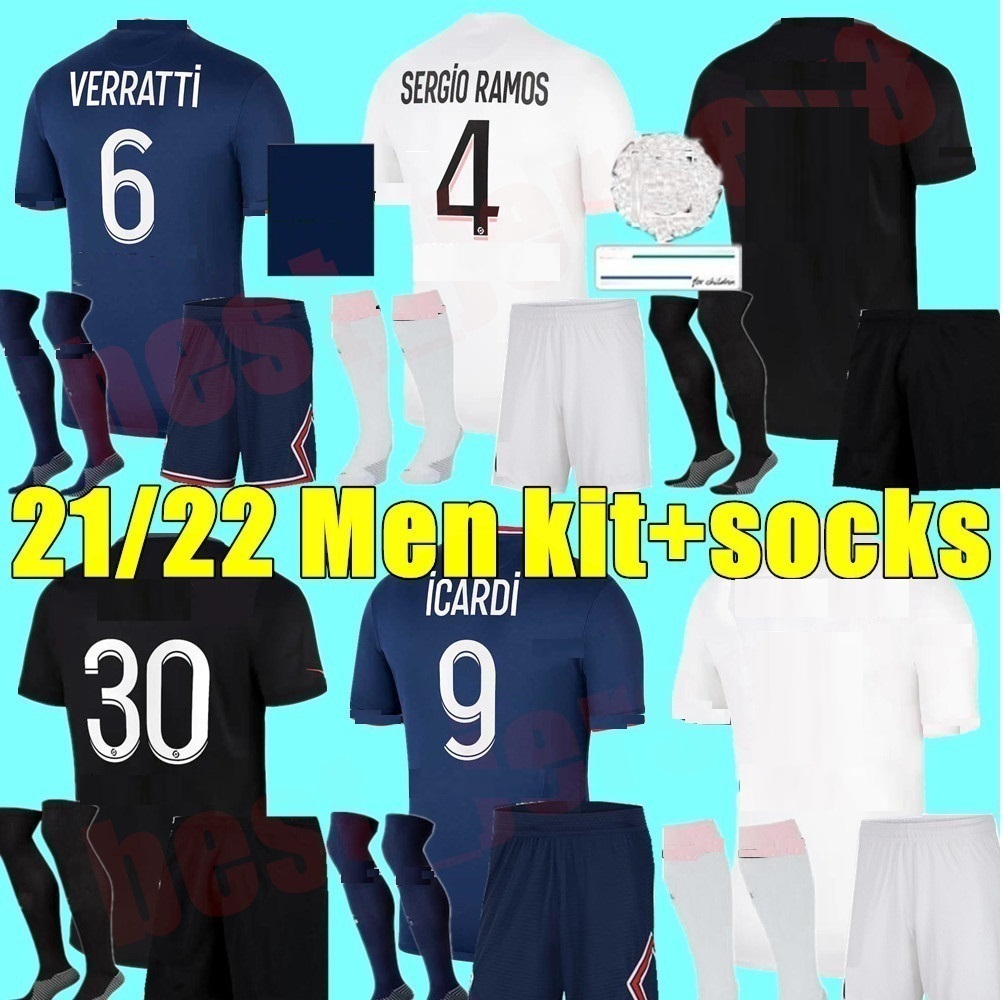 

Maillots football 2022 soccer Jerseys Psgs 22 21 SERGIO RAMOS MBAPPE ICARDI shirt VERRATTI MARQUINHOS adult Men kit sets maillot de foot, Black
