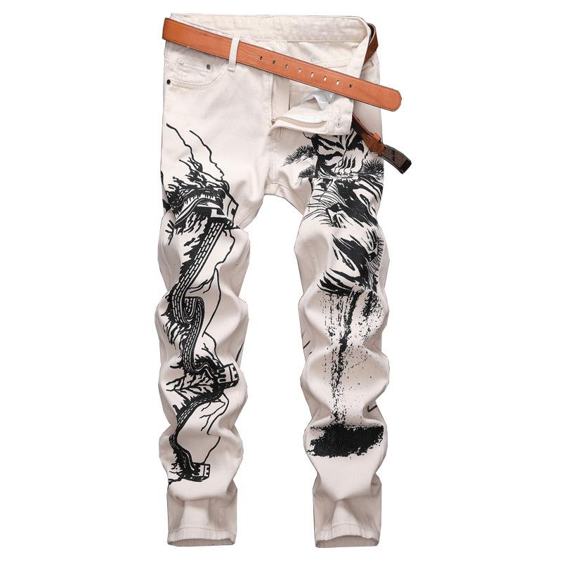 

Pantalon Homme Jean New Printed Pantalones Vaqueros Hombre Casual Jeans for Man Slim Stretch Los Hombres Jeans Men Trousers, White