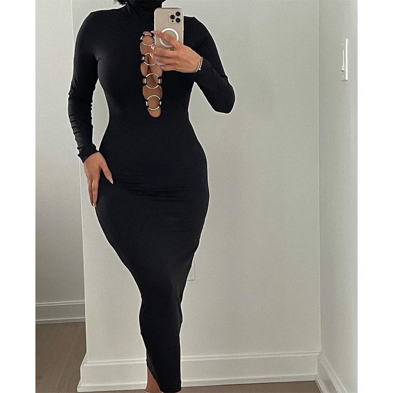 

Knitting Long Sleeve Sequin Party Dresses Women Sexy Turtleneck Slim Bodycon Vestidos Lady High Street Stretchy Outfits, Black;gray