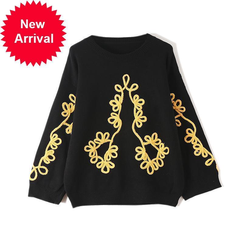 

Luxury 2021 New Runway Fashions the Neck-neck Jumpers Top Female Black-embroidered Floral Chic Design Winter Mark 05U5, Beige
