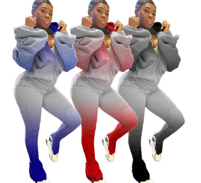 

Autumn and Winter Zipper Long-sleeved Gradient Backless Casual Sports Running Two-piece Suit Fitness Jogger Clothing, Red