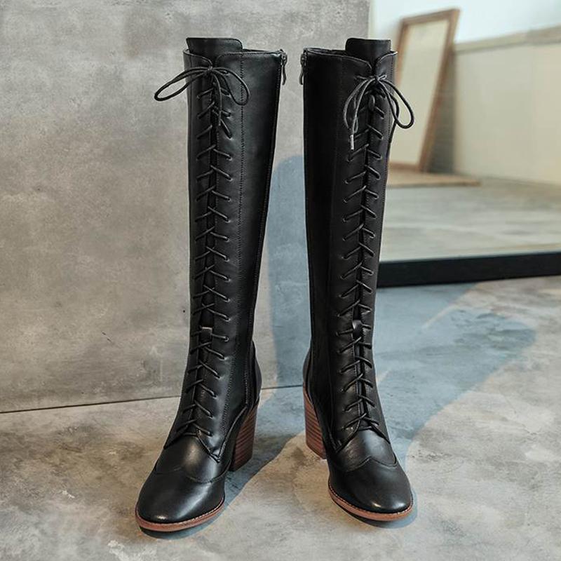 

Brand riding boots women's new winter shoes cow leather cross-tied knee-high boots keep warm stovepipe knight botas mujer, Black