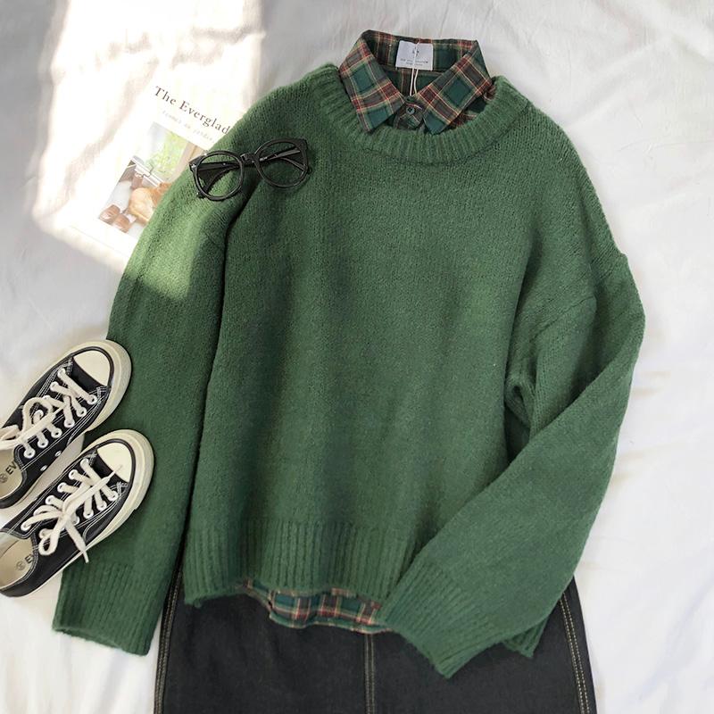 

PEONFLY Dark Green Round Neck Pullover Sweater Long Sleeve Warm Autumn Pullovers Jumper, Plaid shirt