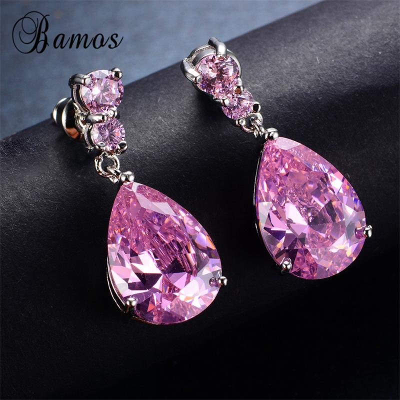 

New Fashion Crystal Water Drop Cute Pink Rhinestone Earrings White Gold Double Sided Earrings For Women Aretes Ear0030