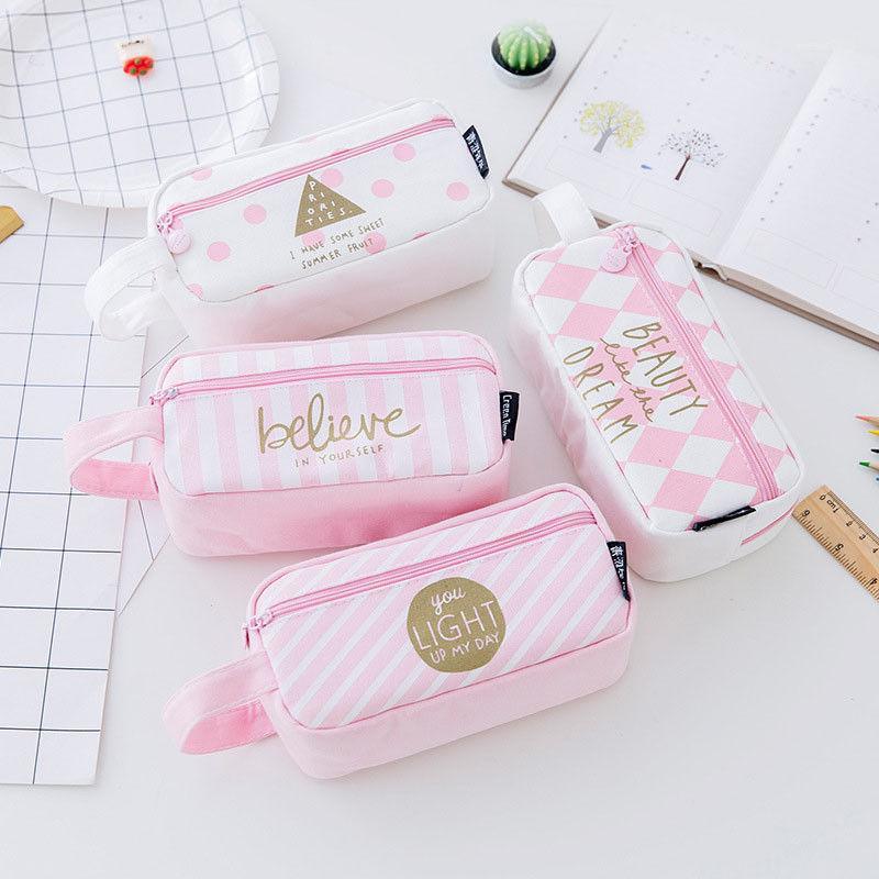 

1PC Grid Canvas Pink Pencil Case Kawaii Large Capacity Pencil Storage Bag School Supplies Stationery for Girls Students Gifts1