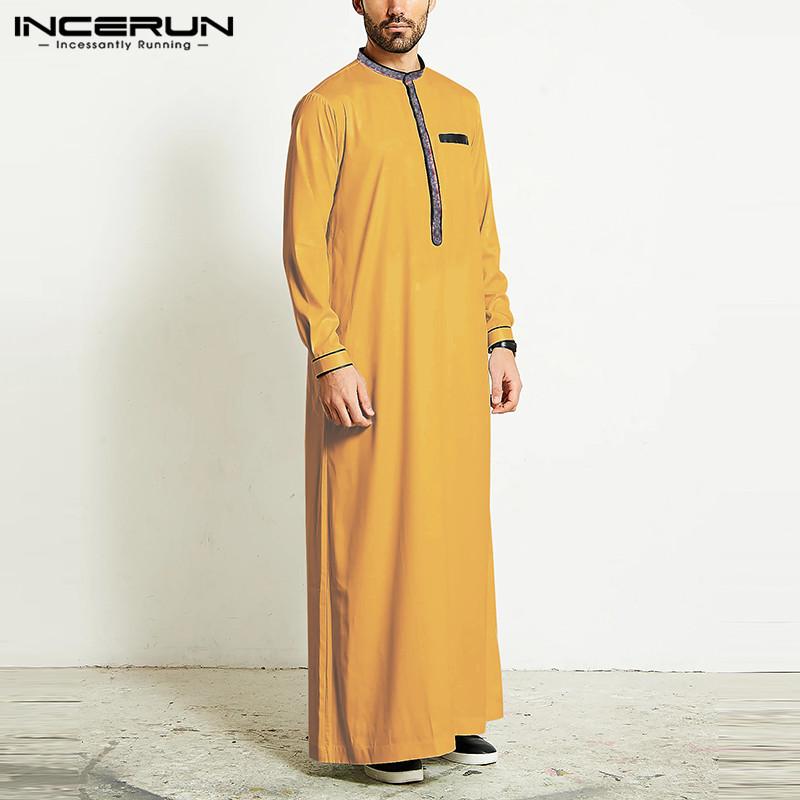 

Muslim Men Jubba Thobe Islamic Arab Kaftan Long Sleeve Patchwork Robes Retro Dubai Saudi Arabia Caftan Men Clothes INCERUN 2020