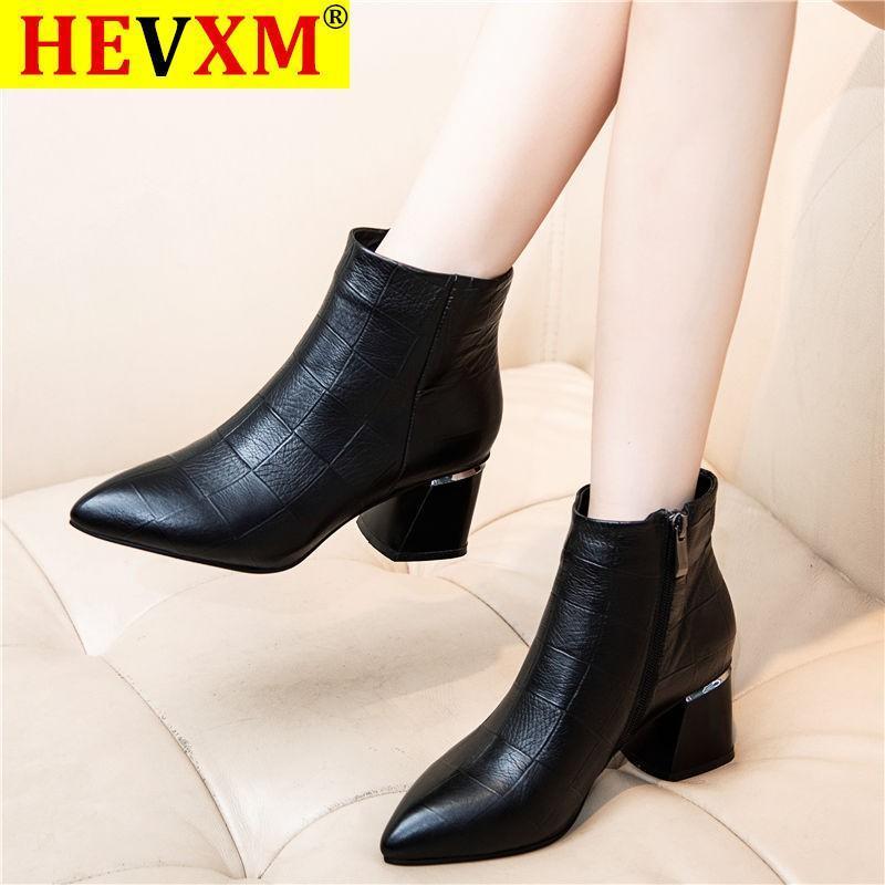 

2020 New Winter Women's Boots Fashion Zipper Square-Heel PU Boots Pointed Toe Mid-heel Warm Women's Ankle Zapatos De Mujer1, Black