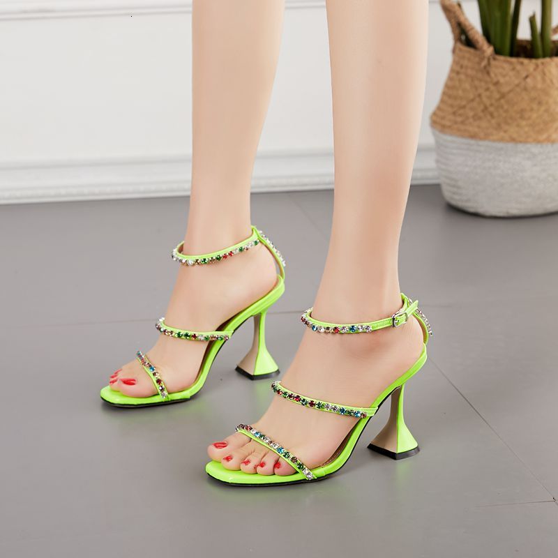 

2021 New European and American-style Foreign Trade Colorful Strass Spectacles Lady High-heeled Sandals 42-size 9175, Green.