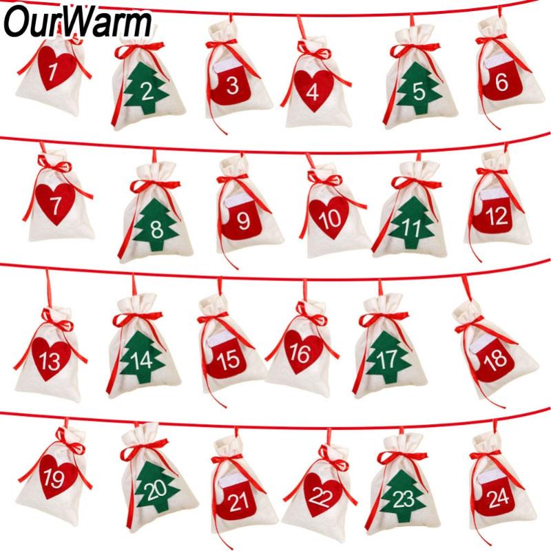 

OurWarm Fabric Christmas Advent Calendar Garland 24pcs 11x16cm Hanging Advent Calendar Gift Bags New Year 2020 Family