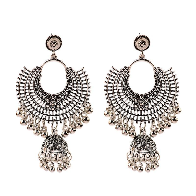 

2020 Ethnic Women's Big Round Silver Color Drop Earrings Jhumka Earrings Vintage Flower Lantern Tassel Tibetan Jewelry