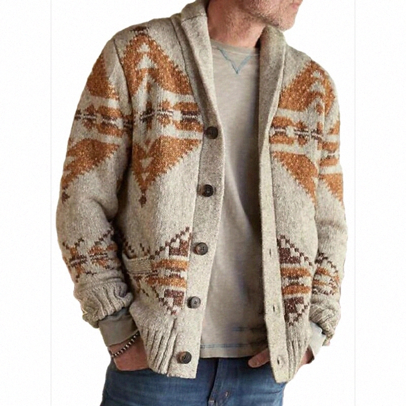 Men's Unisex Cardigan Vintage Style Retro Knitted Jacquard Geometric Stylish Sweaters Long Sleeve Sweater Cardigans Shirt Collar Fall Winter Kh