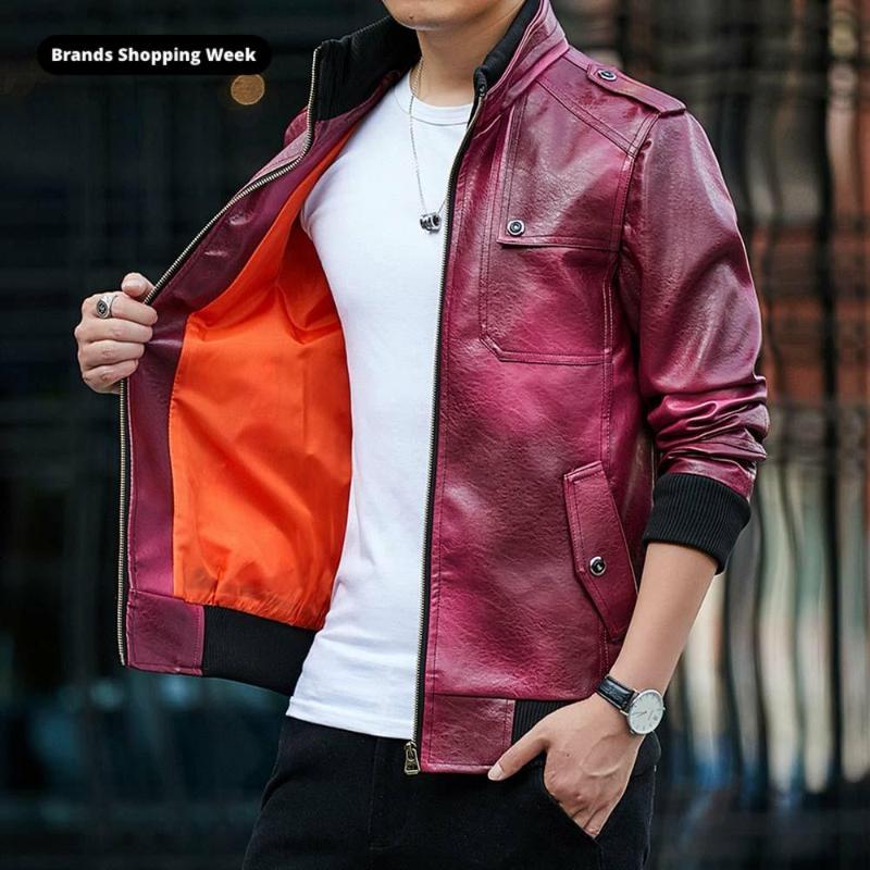 

FALIZA Men's Leather Jackets Stand Collar Motorcycle PU Jacket Multiple Pockets Male Faux Leather Coats Fashion Outerwear JK149, Black