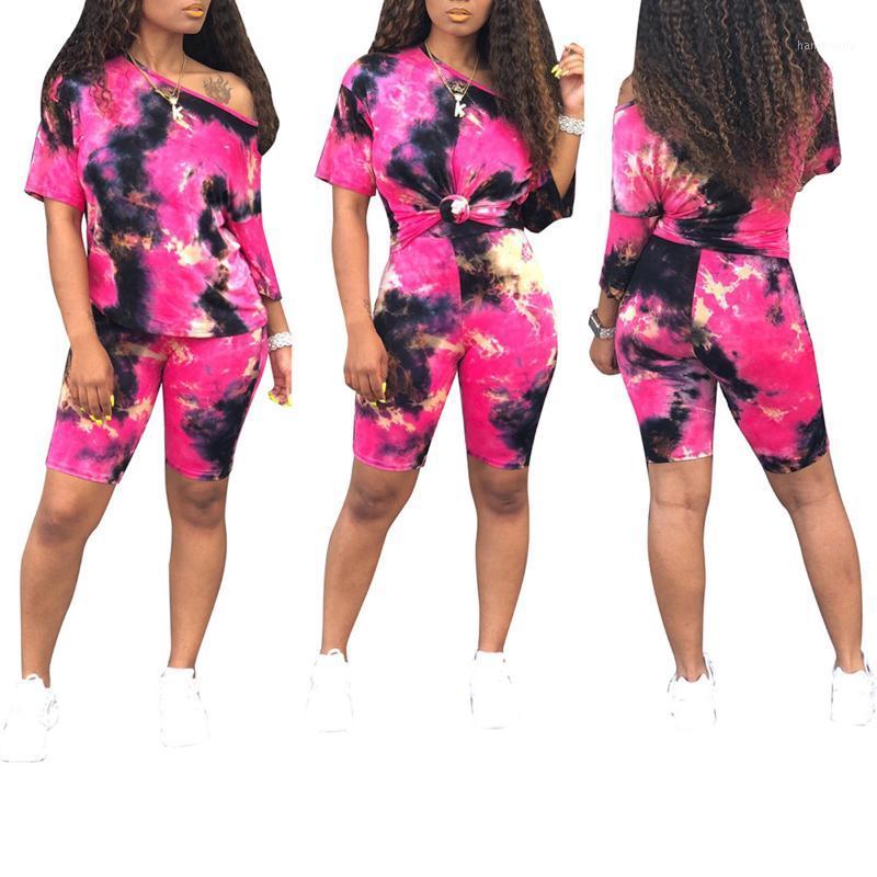 

Women' Sports Suit Fashion Tie-dye Printed Off Shoulder Top + Shorts 2-Piece Casual Home Service Set1, Orange