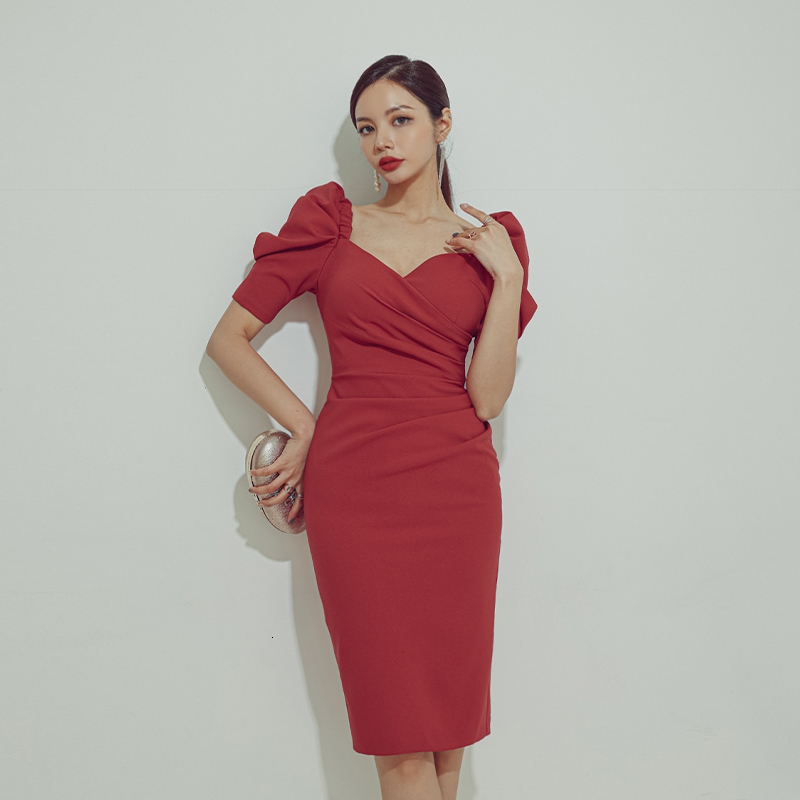 

New Elegant Party Women Slim v Neck Short Mid Pencil 2021 Summer Office Lady Solid Sleeve I1zn, Red