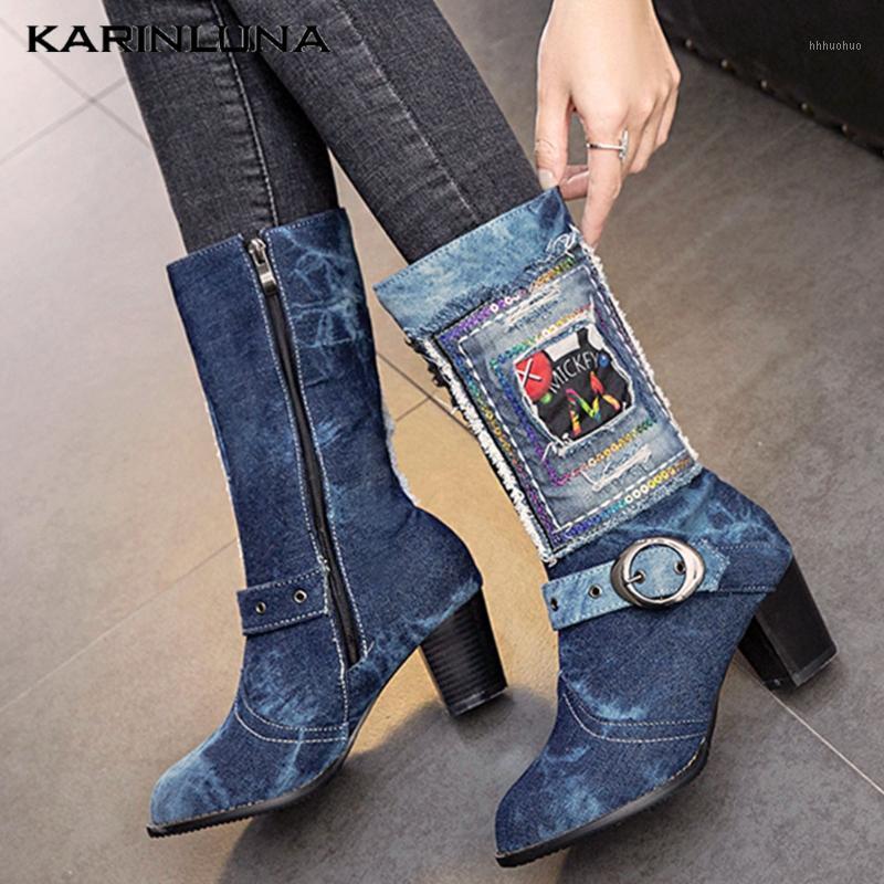 

Karin Large Size 48 Fashion Denim Chunky High Heels 2020 Autumn Winter Woman Shoes mid-calf Boots1, Beige add fur