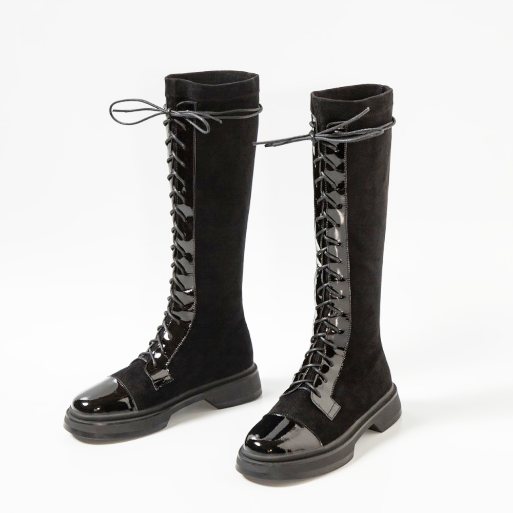 

2021 The New Fashion Female High Thigh Toe Flats at Knee-high Booths Lace to Boots Size -42 X9k7, Black patent.