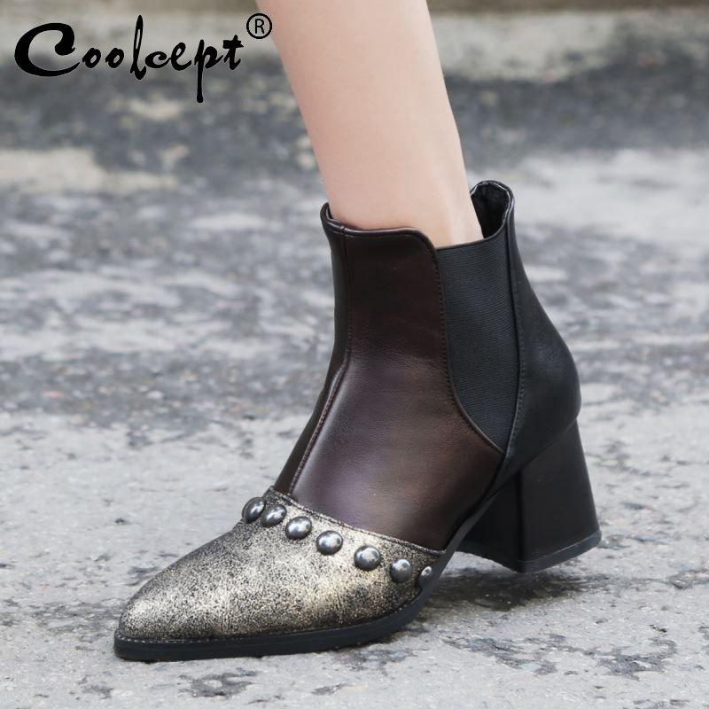 

Coolcept New Women Ankle Boots Elastic Band Aquare Heels Shoes Punk Rivets Short Boots Autumn Winter Women Footwear Size 32-48, Black