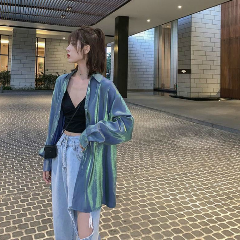 

2021 New Imitation silk female blouse sleeve plus size 3xl shirt solid lapel casual ladies tops fashion clothes CBAC, Green