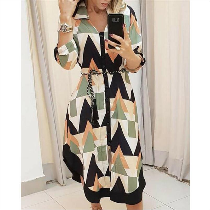 

2021 Women Casual Dress Fashion Wave Pattern Split Hem Long Sleeve Shirt Dress For Women Turn Down Collar Loose Maxi Lady, As picture