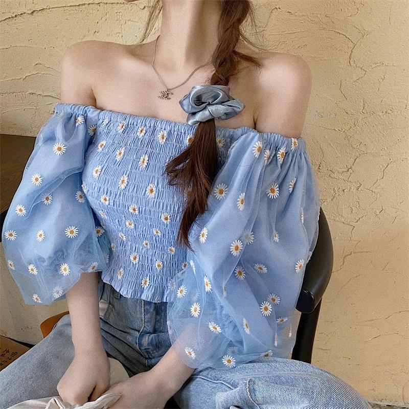 

Elegant Puff Sleeve Women Blouse Sexy Off Shoulder Floral Print Short Sleeve Chiffon Tops Female Summer New Streetwear Shirts, Sky blue