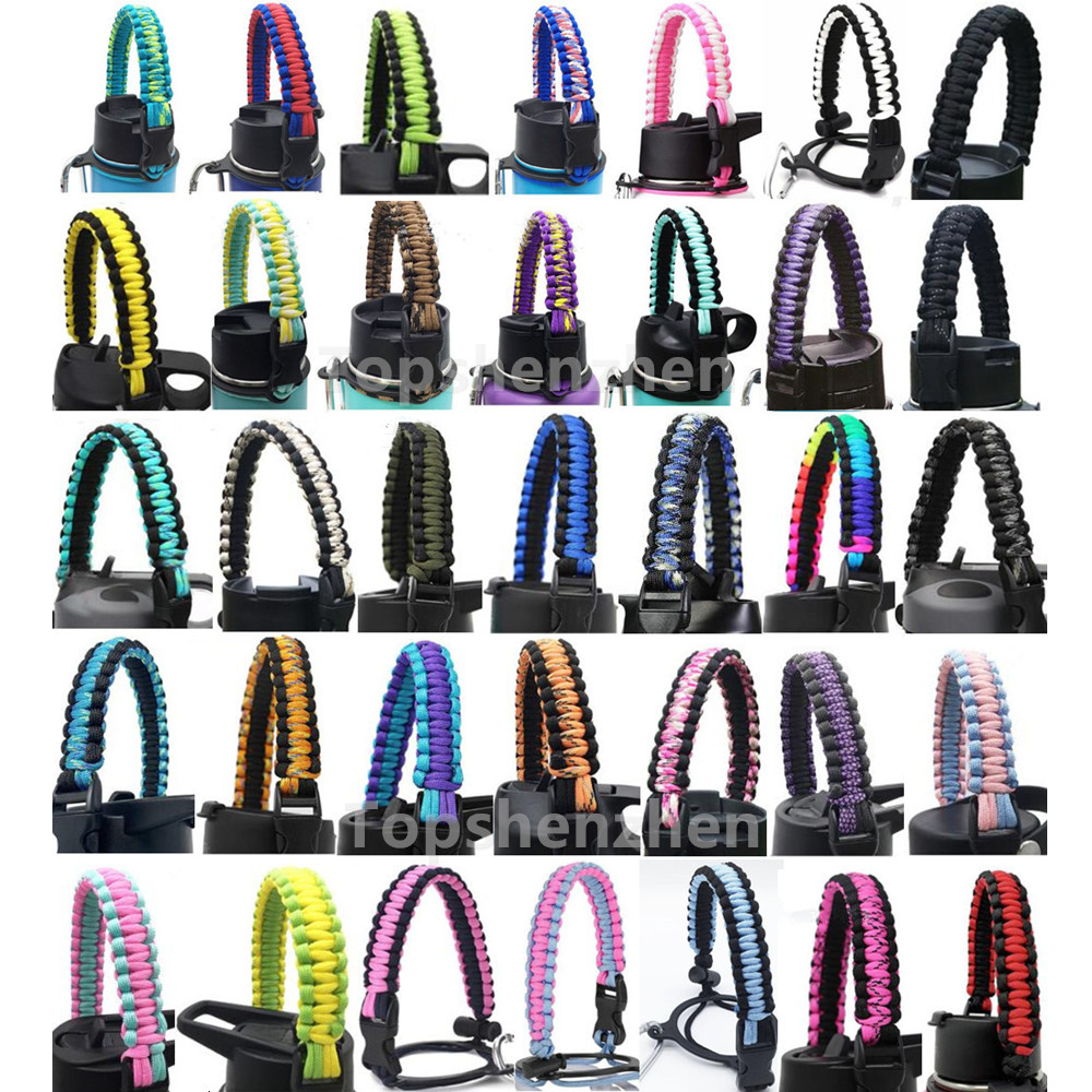 

35Colors Paracord Handle Fits Wide Mouth Water Bottle Thermo Flask 12 oz to 64 oz Reusable Sport Bottles Handles Accessories Survival Cord With Safety Ring