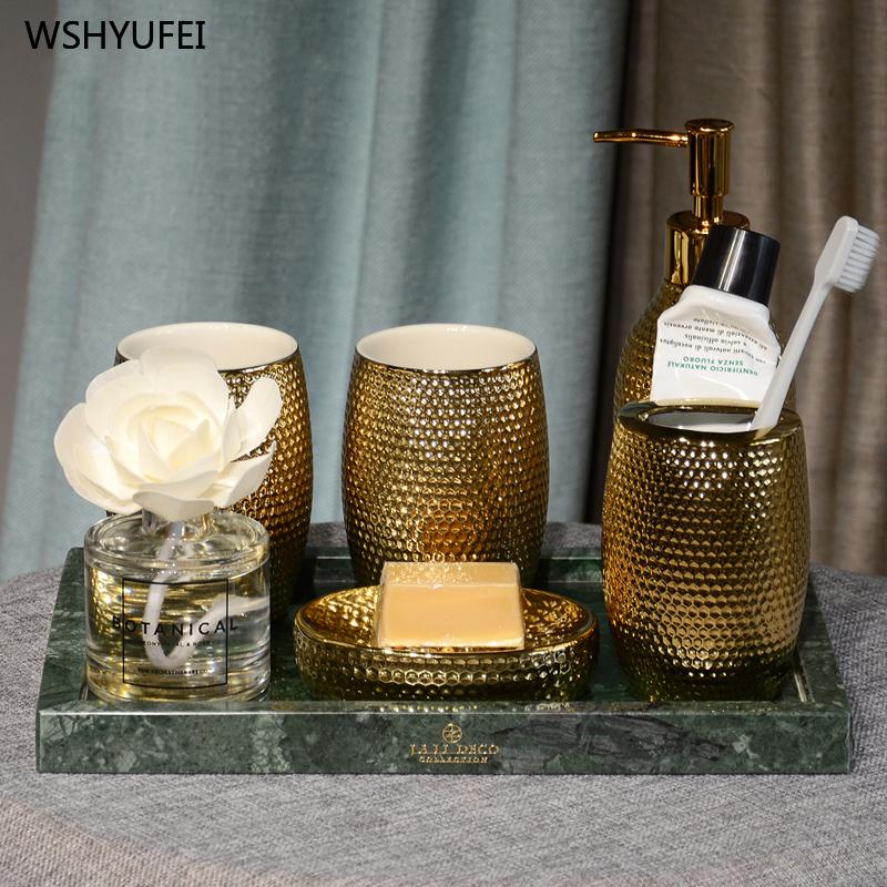

5Pcs Light luxury golden concave ceramic bathroom brush cup wash set home bathroom supplies bath creative mouth cup soap bottle