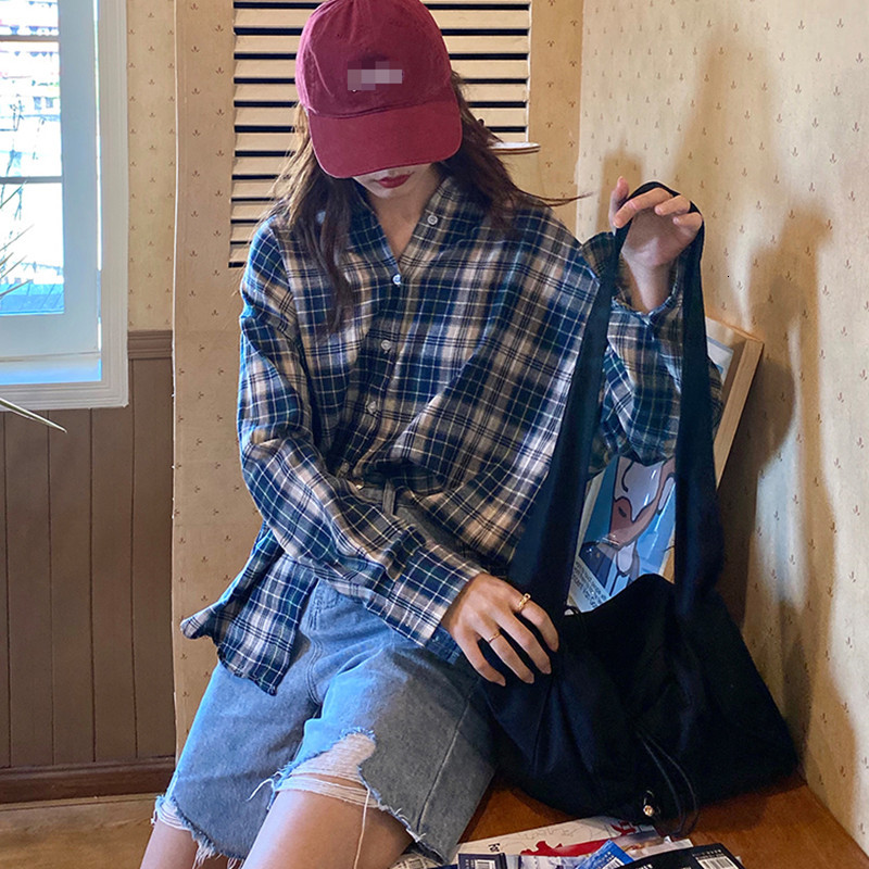 

2021 New 2 color plaid blouse Korean style female classic shirt long sleeve tops (f3902) I64V, Blue