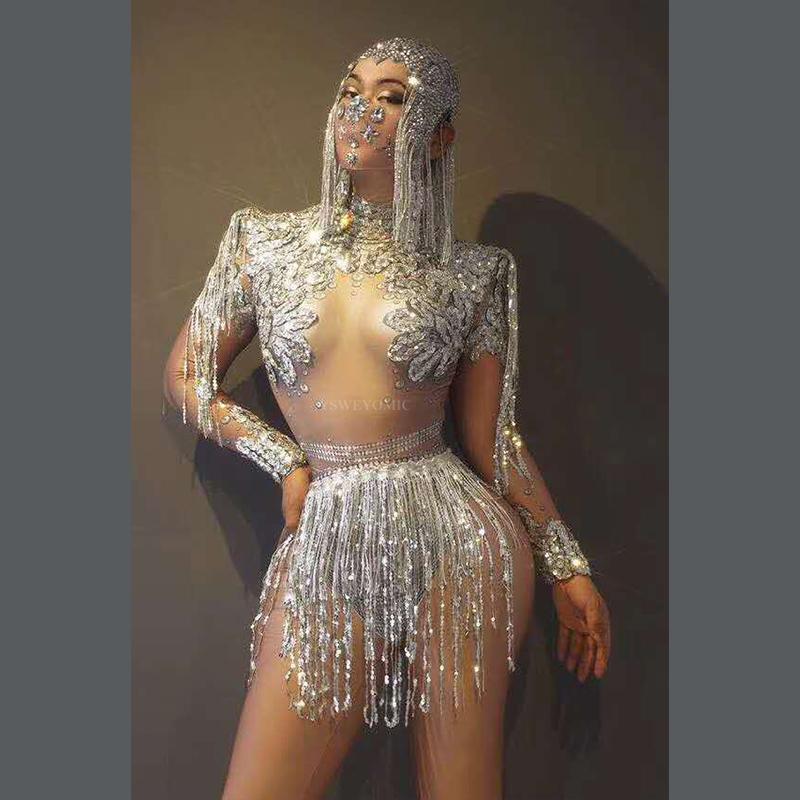 

New Style Flashing Silver Sequin Fringe Rhinestone Spandex Bodysuit Women Dancer Show Wear High-neck Outfit Prom Birthday Wear, Gold only bodysuit