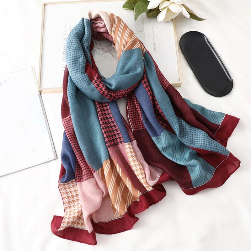 

1PC Splicing Color Plaid Fashion Bandana Female Foulard Hijab Long Soft Head Scarves Cotton Linen Shawl Fashion Women Scarf