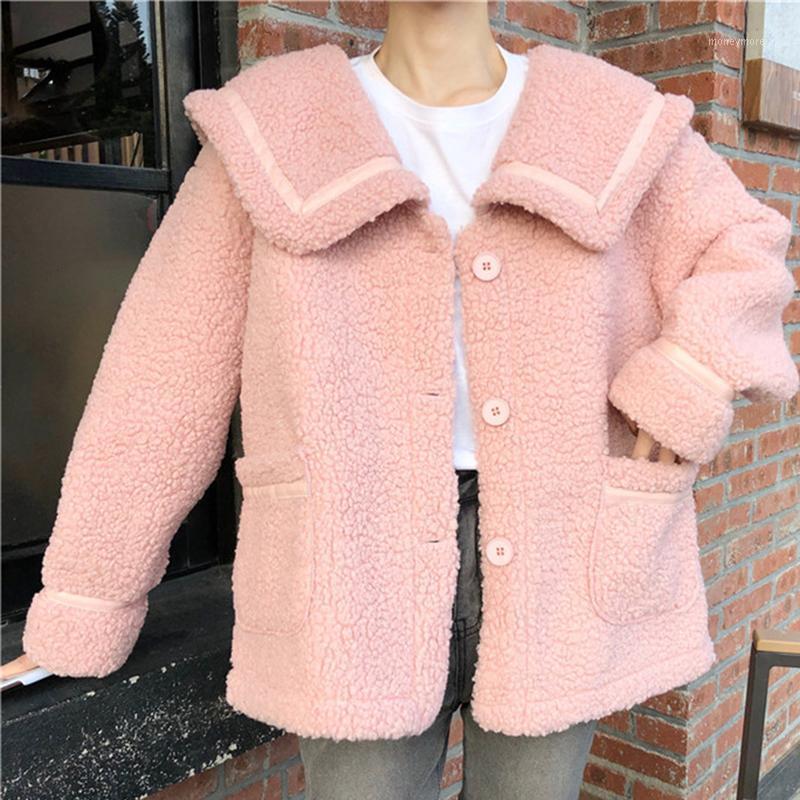

Lucyever Imitation Lamb Fur Coat Woman Turn Down Collar Thick Warm Coats Women Preppy Style Sweet Long Sleeve Pink Tops Female1, White