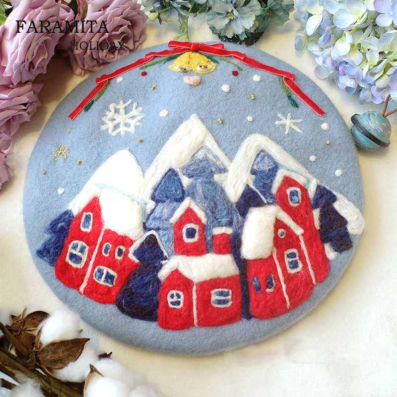 

Berets Faramita Holiday Christmas Gifts THE SNOW IMAGE Hand-made Manual Blue Wool Felt Cartoon Cute Beret Caps Hats Women Girls, As pic