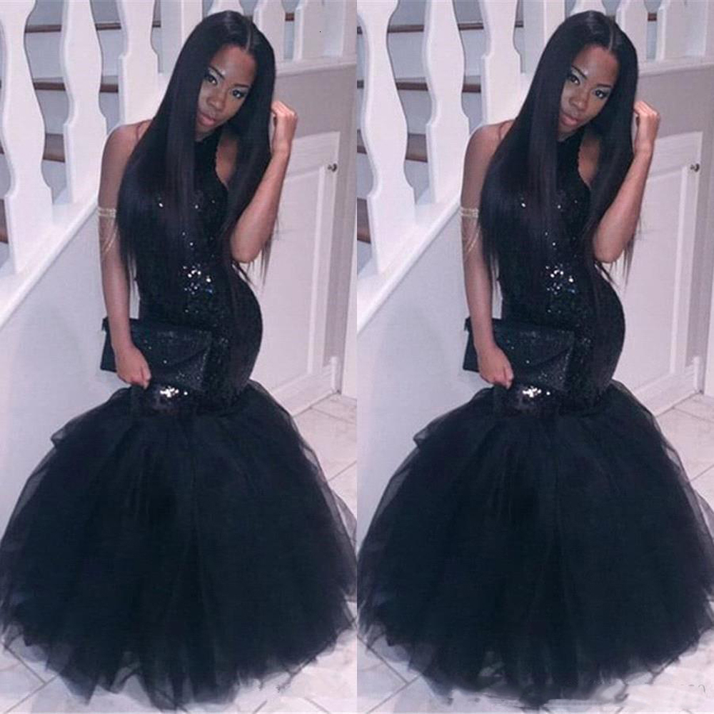 

2021 New Black Sparkly Girls Dressed in African Mermaid Prom Gowns -halter Neck Sequins Sexy Tulle Corset Nightly Dresses Party 8IFY