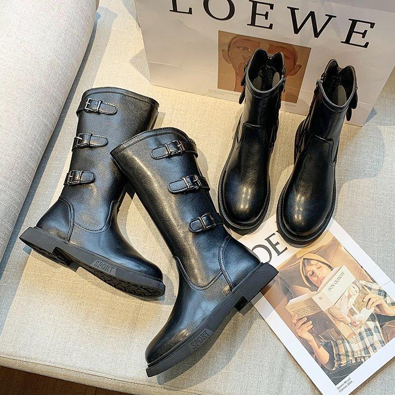 

Knight boots round toe low heel cozy boots Women leather Buckle fashion high quality female Shoes Black Bota Feminina, Black short