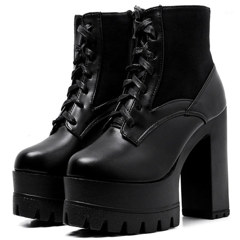 

BONJOMARISA Female Fashion Block Heel Lace Up Platform Boots Patchwork Block Heel Party Dress Boots Women Designer Shoes Woman1, Black