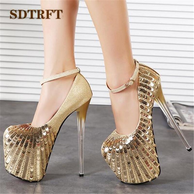 

SDTRFT Gold Sequins Pumps Ladies Platform shoes woman 20cm Ultra high thin heels zapatos mujer Nighclub Ankle Strap CD Stiletto1