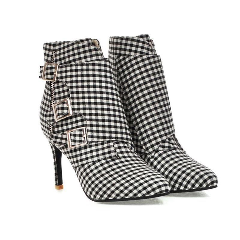 

2020 New Women's High heel boots cloth Shoes woman Pointed Toe Striped lattice Women's Winter boots Size 32-48 botas mujer, Gray