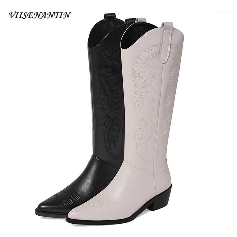 

White Cowhide Knight Boots Women Retro Pointed Toe Western Cowboy Boots Thick Heel Embroidery Black Shoes Fashion Botas Mujer1, Plush lining