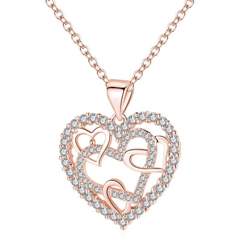 

New Fashion Rose Gold Color Heart Double Heart Cross Necklace Cubic Zirconia Wedding/Party Jewelry Best Gifts for Valentine A251