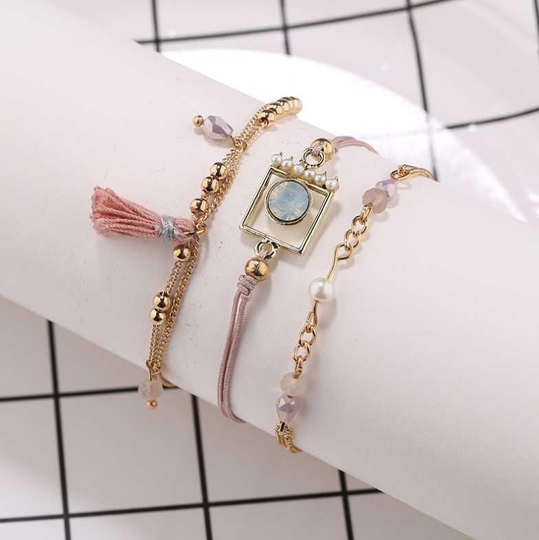 

3pcs/set Handcraft Boutique Fashion Multilayer Crystal Stone Beads Strand Bracelets Tassel Bangles Pulseras Womens Boho Mujer