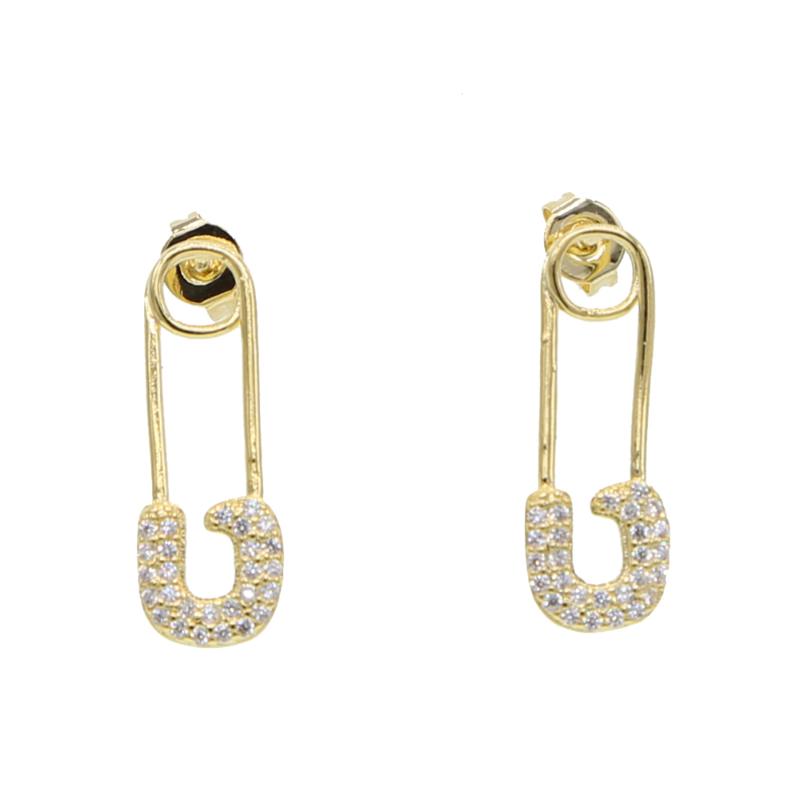 

NEW Hot Selling New PUNK Rock Brief Style Gold color Small Safety Pin Shape paved CZ Stud Earring For Women delicate dainty