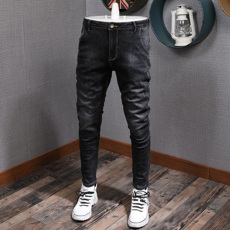 

2021 New Korean Style Fashion Black Color Elastic Slim Fit Vintage Designer Jeans Men Printed Spliced Denim Pencil Pants Hombre 82az