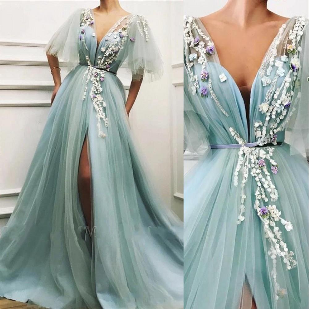 

Sage Tulle A Line Evening Dresses Formal 2021 Sexy Deep V Neck Floral Appliques Front Slit Prom Gowns Plus Size Women Party Dress AL8506, Hunter