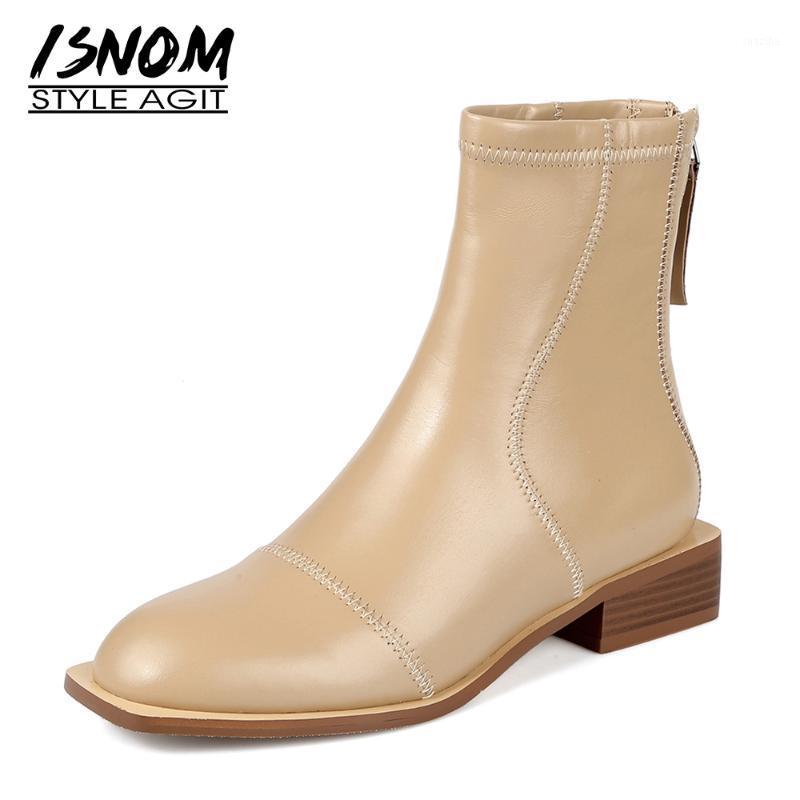 

ISNOM Genuine Leather Ankle Boots Women Round Toe Chunky Heels Shoes Zipper Vintage Low Heel Booties Skid Proof Woman 20211, Black
