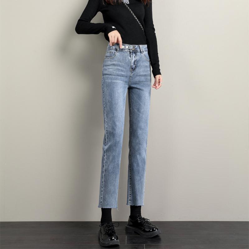 

Spring New Women Straight-leg Jeans Classic Brand Retro Blue Trendy Denim Pants Female High Waist Solid Color Cowboy Trousers, Black