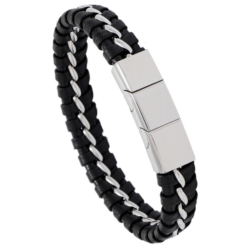 

Chain Braided Cowhide Bracelet Stainless Steel Three-Section Magnet Buckle Simple Leather Bracelet