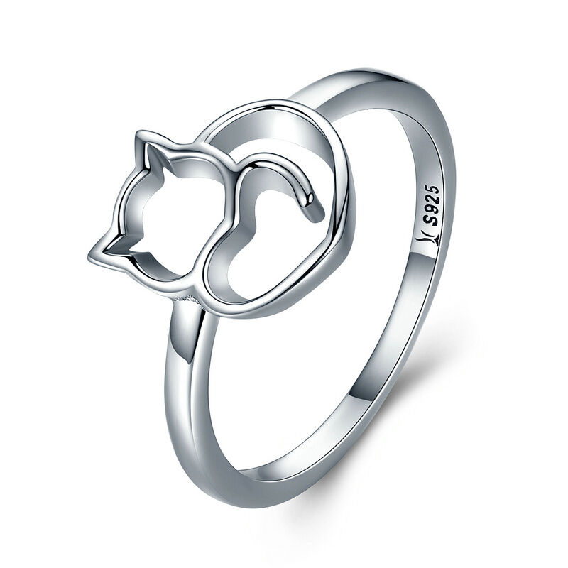 

Cute Cat Design 925 Sterling Silver Ring For Women Girls Jewelry Finger Band Size 6-8