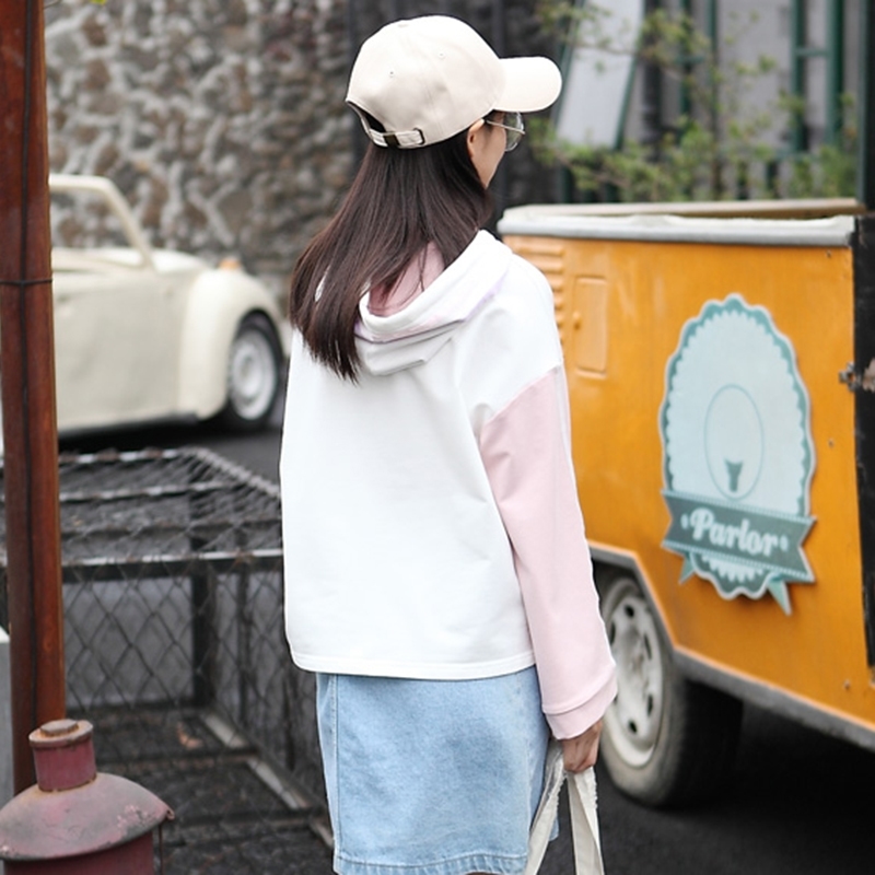 

Women's Print Patchwork Hooded Sweatshirt Spring Loose Long Sleeve Hoodies Sweet Style Girl Fashion Pullovers YUPINCIAGA 201202, White